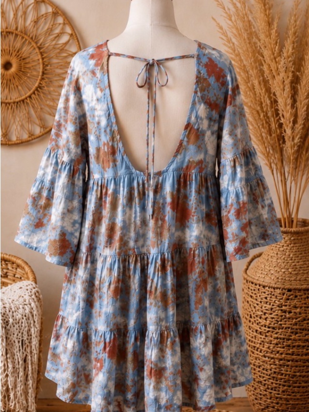 YOung Fabulous & Broke brown fie dye babydoll tunic dress bell sleeves size XS